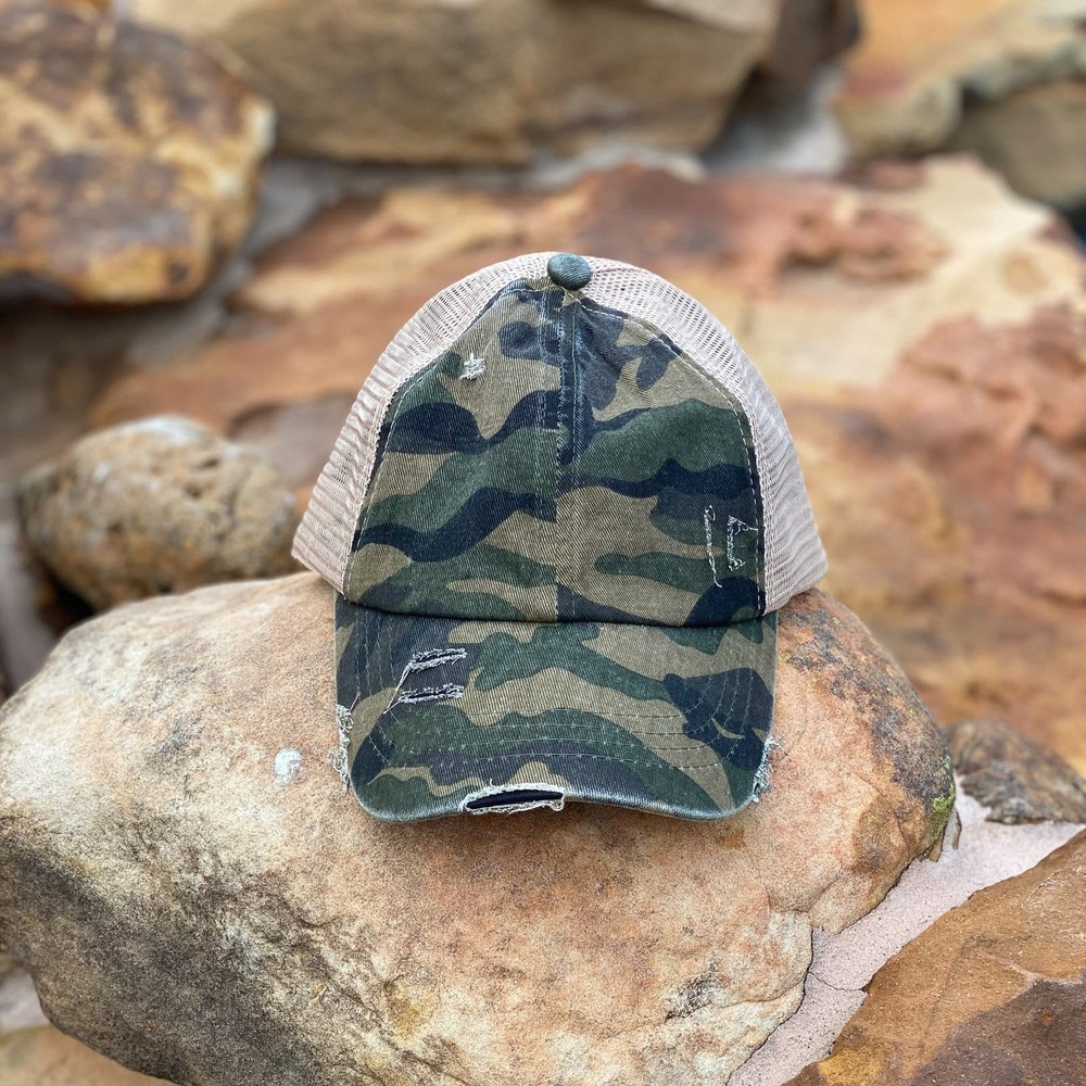 Distressed OLIVE GREEN Camo Criss-Cross High Pony Ball Cap